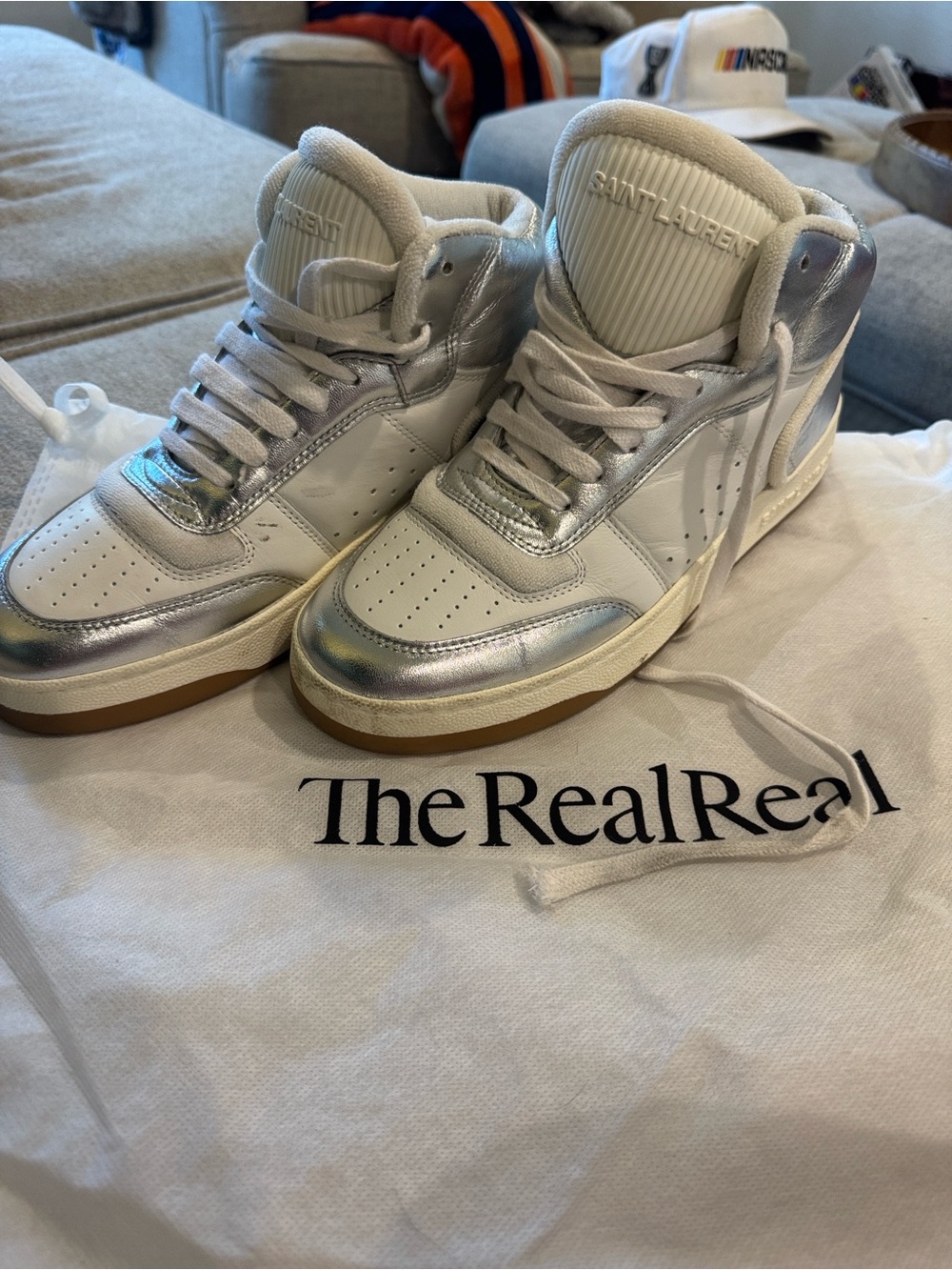Saint Laurent White & Silver Mid-Top Sneakers